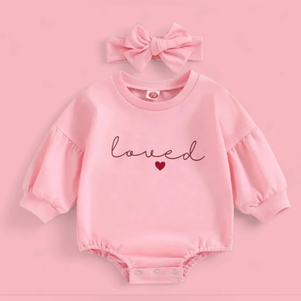 Baby Girls Valentines Loved Red Pink Heart Romper Bubble with Headband - Picture 1 of 7